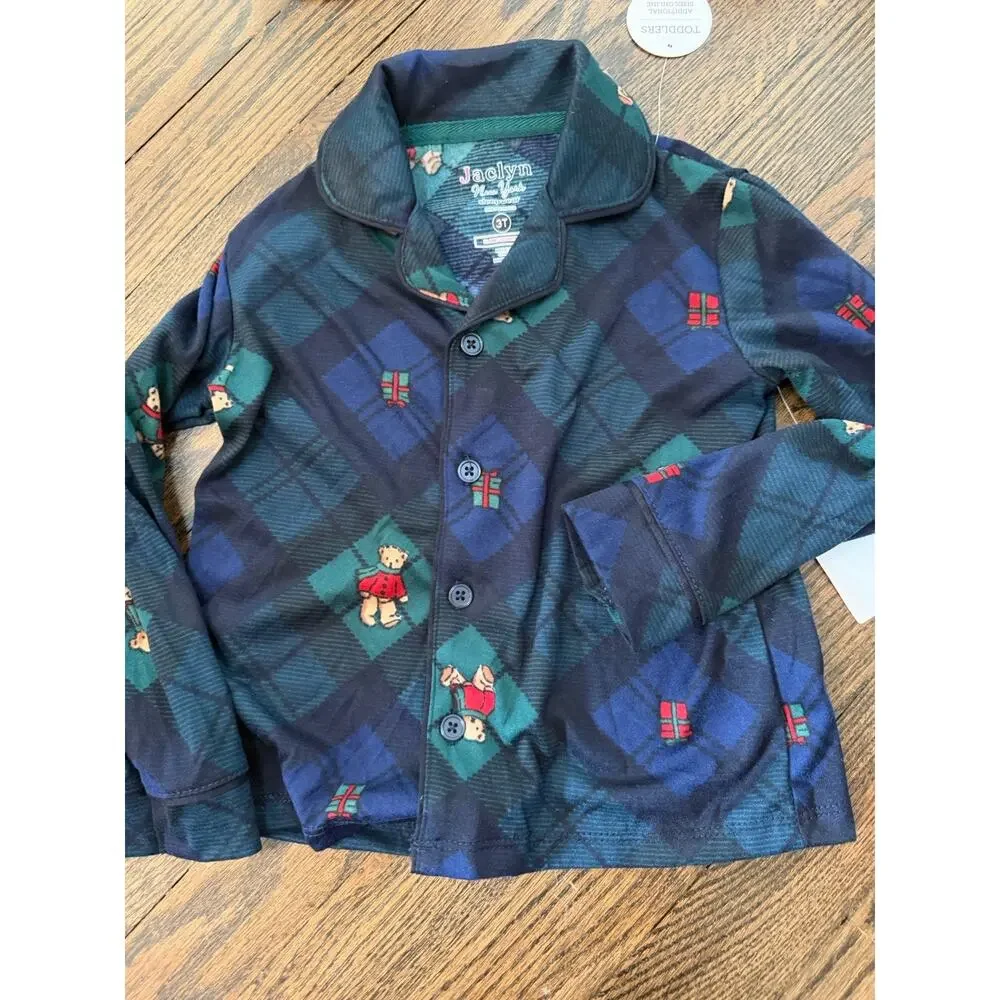 Teddy Bear Green Plaid Toddler Holiday 2 Piece Pajamas Sz 3T Nordstrom NWT